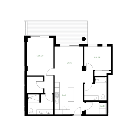 Floor plan for 2 beds, 2 baths, 1017 sqft
